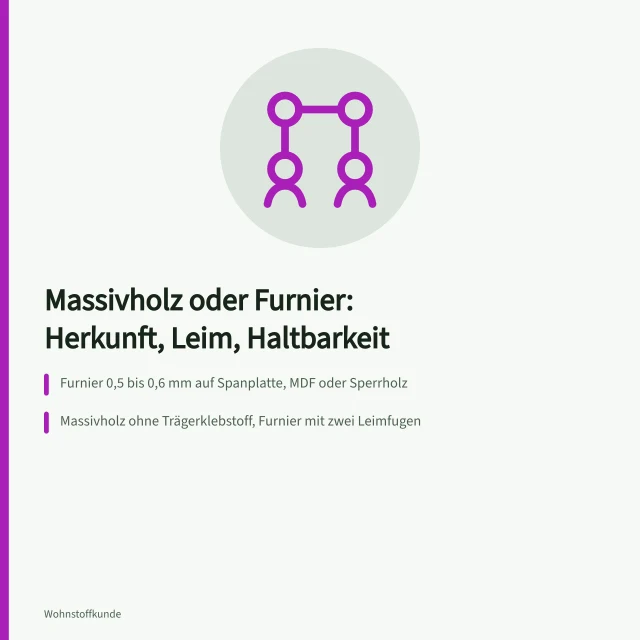 Massivholzplatte und furnierte Spanplatte im Querschnitt nebeneinander. Massivholz oder Furnier im Vergleich bei Herkunft, Klebstoff und Haltbarkeit